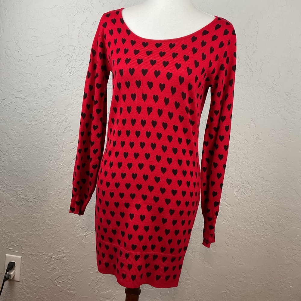 So It Is Red Black Heart Long Sleeve Scoop Neck Sweater Dress Sz Large
